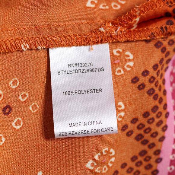 DR2 Satin Button Down Shirt Geometric Boho Vacation Resortwear Orange Pink Sze L - Picture 7 of 9